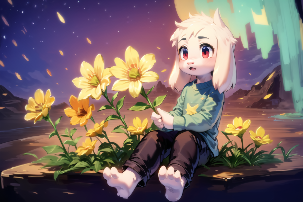 07492-1642345862-1boy, , solo, kid, sit, night, side, stars, flowers, red eyes, t-shirt, pants.png